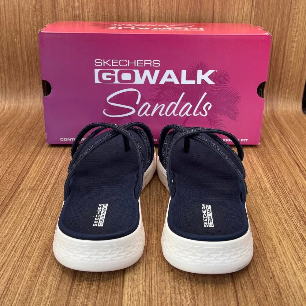 Skechers GoWalk Sandals Women 10 Navy Blue New Glitter Thong Flip Flop NEW